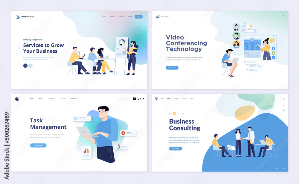 Wall mural set of web page design templates of business consulting, task management, project development, video