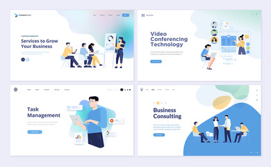 Fototapeta Set of web page design templates of business consulting, task management, project development, video conferencing, online meeting, video call. Vector illustrations for web development. obraz