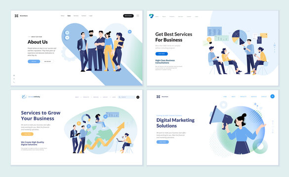 Set of web page design templates of business services, about us, strategy, planning, data analytics, market research, digital marketing, social media. Vector illustrations for web development.