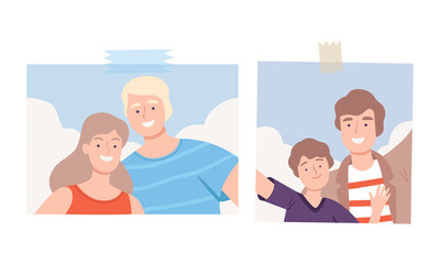 Photos of cheerful people pinned to the wall set. Selfie portraits of dad and his son and happy family couple cartoon vector illustration