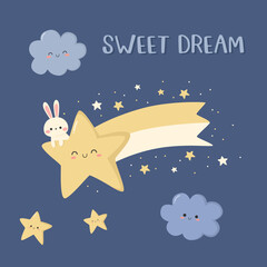 Fototapeta na wymiar Cute hand drawn rabbit with falling star and cloud with sweet dream text and dark blue background cartoon illustration vector for nursery or childish card