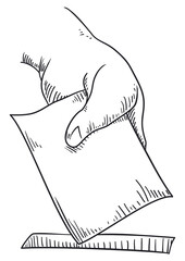 Drawing of hand with vote putting it into the urn, Vector illustration