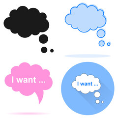 Dream cloud, dream cloud set, desire cloud with the inscription - I want. Vector, cartoon illustration. Vector.