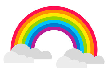 Rainbow, rainbow icon with clouds on a blue background. Cartoon, vector illustration.
