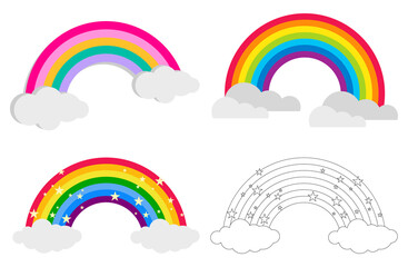 Rainbow, rainbow icon with clouds on a blue background. Cartoon, vector illustration.