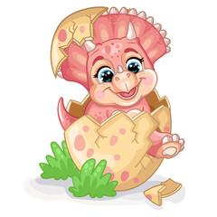 Cute cartoon baby pink triceratops in egg vector illustration © alinart