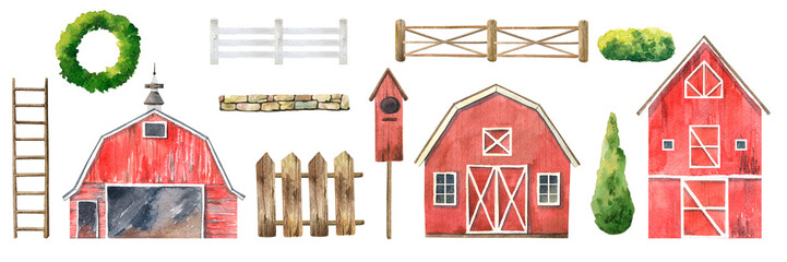 Red wooden barn, Farmhouse watercolor illustration © AsyaShu