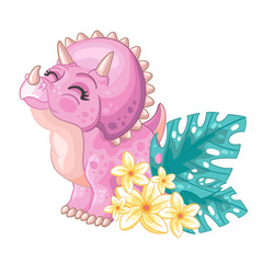 Cute cartoon pink triceratops with flowers vector isolated illustration