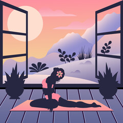 Beautiful yoga woman at home. Silhouette of young girl in Yoga pose stretches indoor. Female character does meditation, breathing practice. Vector flat gradient illustration for healthy lifestyle
