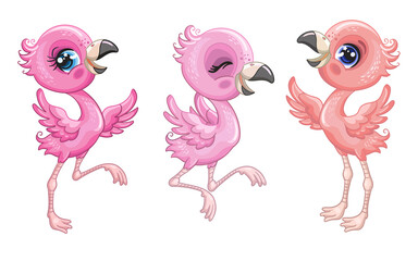 Cute cartoon pink flamingo birds set vector isolated illustration © alinart