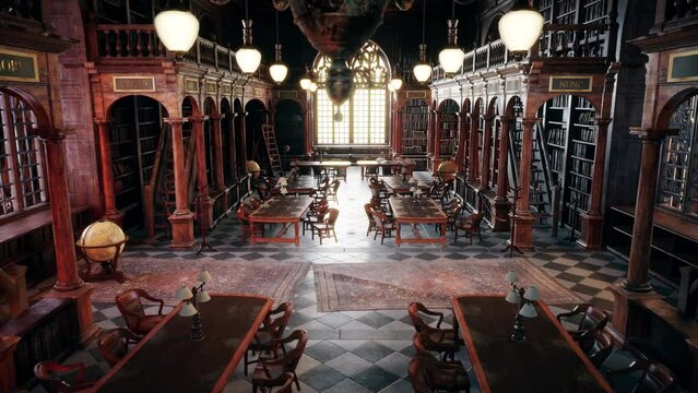 Animated library with old books 3d render 3d illustration.