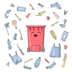 Sorting of plastic. Various plastic waste. A garbage container for plastic. Funny cartoon illustration on the topic of waste recycling.
