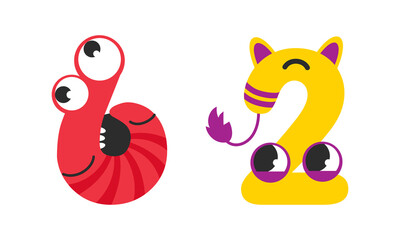Cute monster numbers. 6, 2 number in shape of funny monster cartoon vector illustration