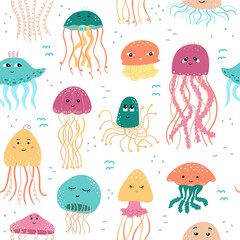 Vector seamless pattern with jellyfish in cartoon style. © ArTalya