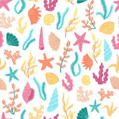 Vector seamless pattern with algae and shells in cartoon style.