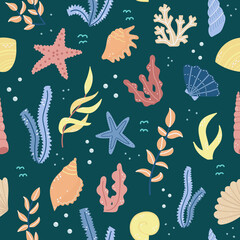 Vector seamless pattern with algae and shells in cartoon style.