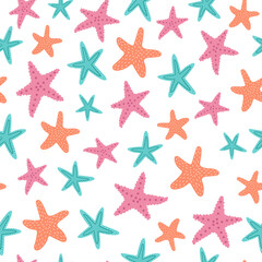 Fototapeta na wymiar Vector seamless pattern with starfishes in cartoon style.