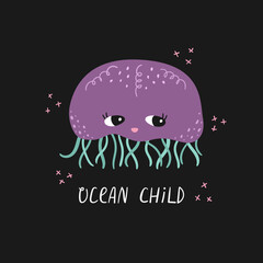 Vector illustration of a jellyfish in cartoon style with hand drawn lettering.