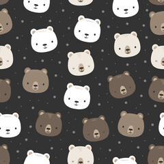 Seamless pattern with cute polar and teddy bear face cartoon flat design on black background