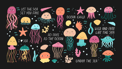 Vector set of illustrations of jellyfish and algae with shells in cartoon style. © ArTalya