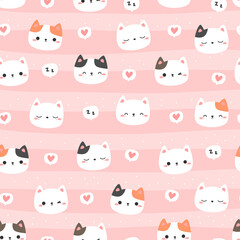 Seamless pattern with cute cats head cartoon flat design on pink striped background