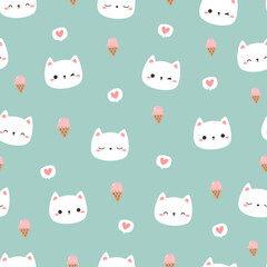 Seamless pattern with cute white cat face with ice cream cartoon flat design on green background