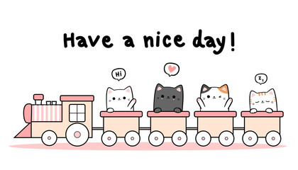 Cute cats riding a train and greeting on white background illustration