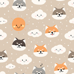 Seamless pattern with cute shiba inu puppy face and cloud cartoon flat design on brown background