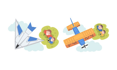 View from above of people launching aircraft models set. People watching at flying airplanes with smile cartoon vector illustration