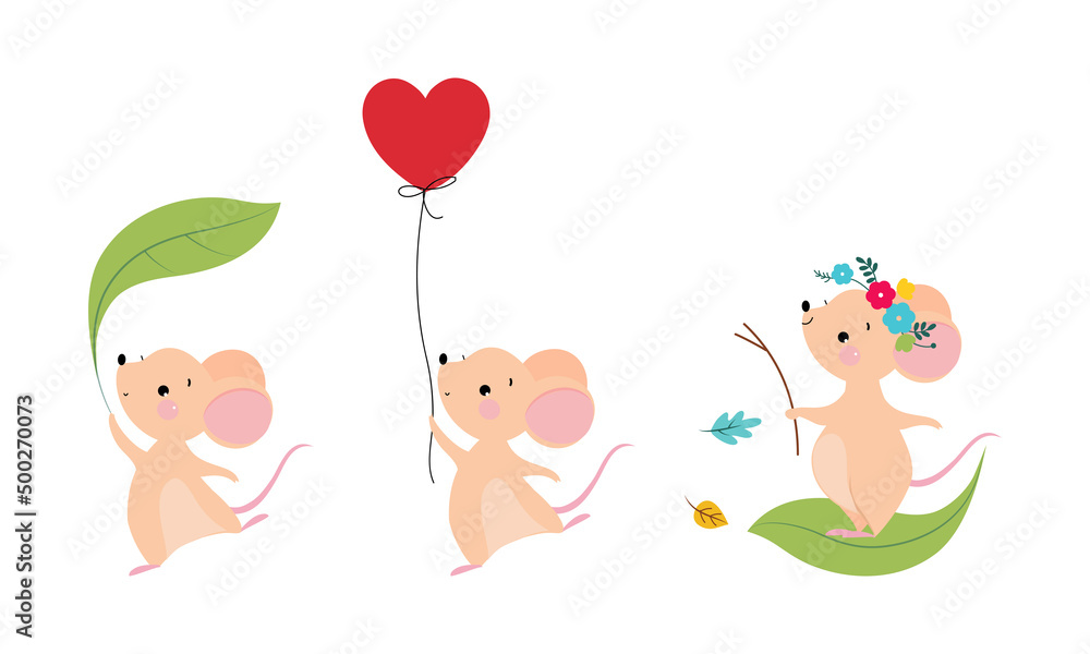 Poster cute adorable mice in different actions set. lovely mouse playing with leaf and inflatable balloons 