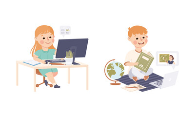 Children learning online using laptop computers. Homeschooling, e-learning cartoon vector illustration