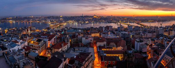 Istanbul panoramic photo. The landscape of sunset over the city