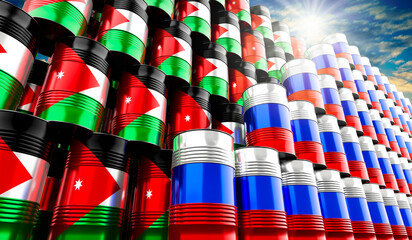 Oil barrels with flags of Russia and Jordan - 3D illustration