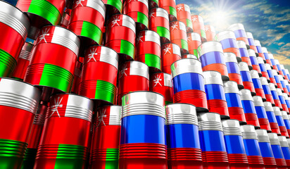 Oil barrels with flags of Russia and Oman - 3D illustration