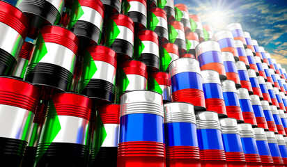 Oil barrels with flags of Russia and Sudan - 3D illustration