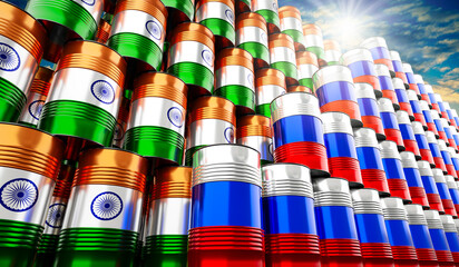 Oil barrels with flags of Russia and India - 3D illustration