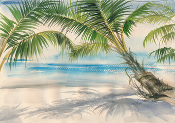 Tropical view with the seashore and a palm. Original watercolor painting. - 500271808