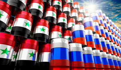 Oil barrels with flags of Russia and Syria - 3D illustration