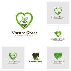 Set of Love Grass logo design vector, Creative Grass logo design Template Illustration
