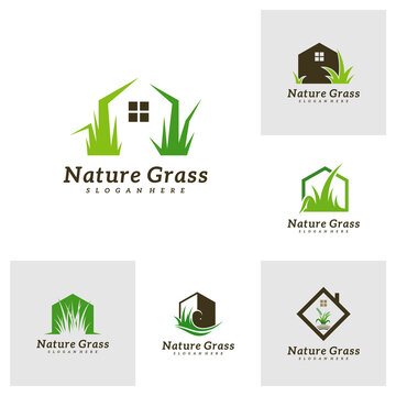 Set of Grass Home logo design vector, Creative Grass logo design Template Illustration
