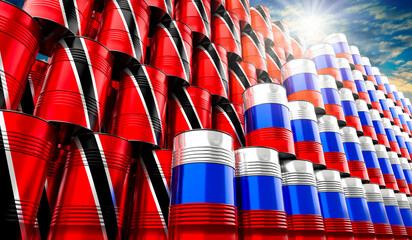 Oil barrels with flags of Russia and Trinidad and Tobago - 3D illustration