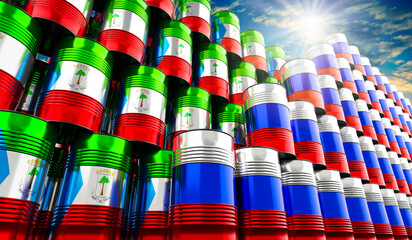 Oil barrels with flags of Russia and Equatorial Guinea - 3D illustration
