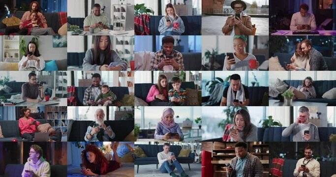 Close up multiscreen of different people children and adult working at the laptop remote work education online.