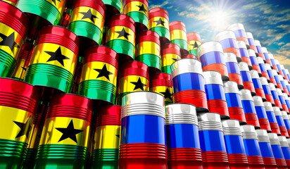 Oil barrels with flags of Russia and Ghana - 3D illustration