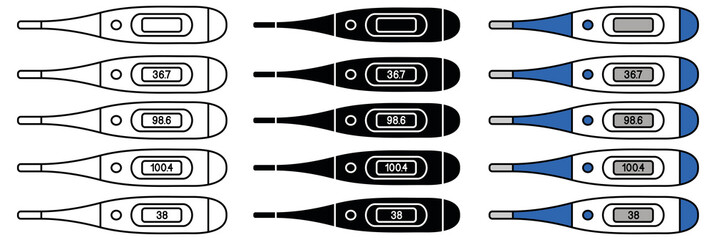 Oral Thermometer with Celsius and Fahrenheit Numbers Clipart Set - Outline, Silhouette and Color - obrazy, fototapety, plakaty