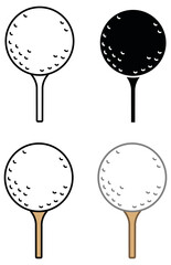 Golf Ball on a Tee Clipart Set - Outline, Silhouette & Color