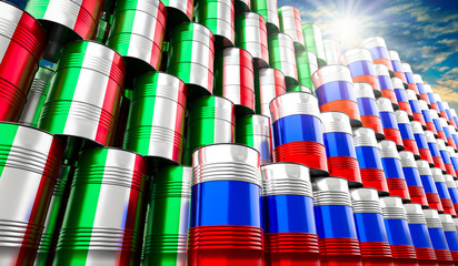 Oil barrels with flags of Russia and Italy - 3D illustration