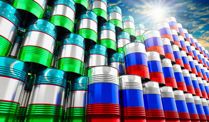 Oil barrels with flags of Russia and Uzbekistan - 3D illustration