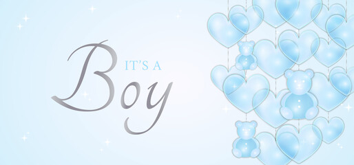 It's a Boy Baby Shower Illustration Design with Cute Pastel Blue Heart and Bear Ornaments