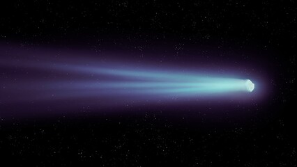 The tail of the comet glows against the background of the starry sky. An astronomical photo of a comet flying in outer space.